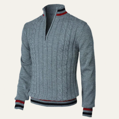 Men’s Striped Mock Neck Cable Zip Sweater