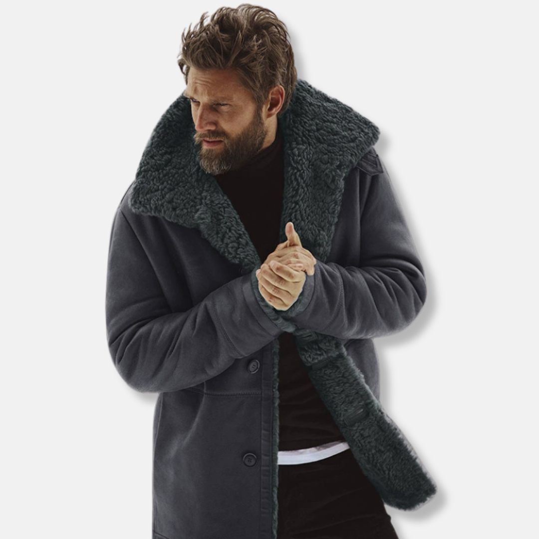 Men’s Coat – Relaxed Fit – Shearling Collar – Button Front – Mid-Thigh Length