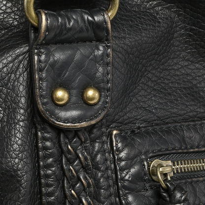 Women's Black Leather Handbag - Soft Tote with Zipper Pocket, Adult Casual Shoulder Bag