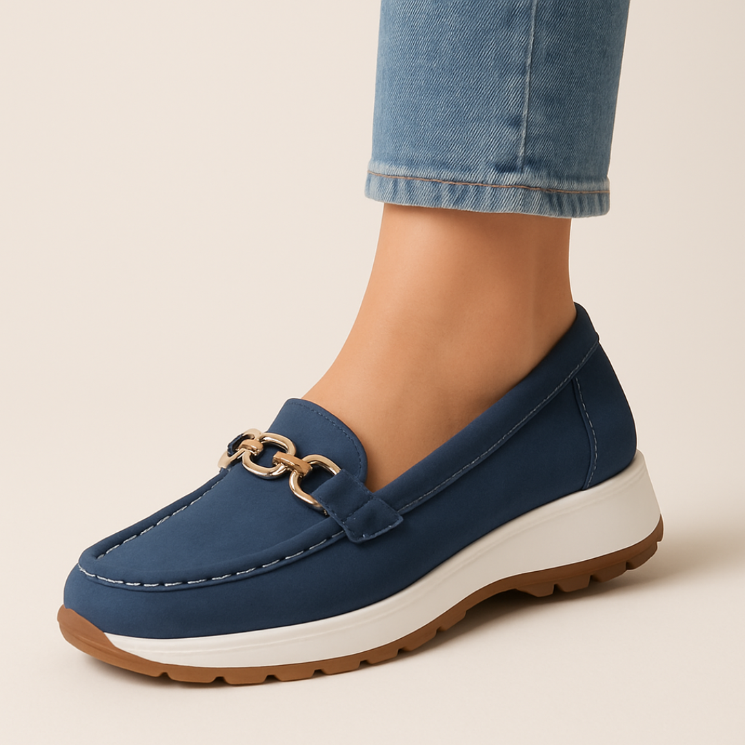 Orthopedic Suede Loafers for Women – Comfortable Slip-On Shoes with Chain Detail