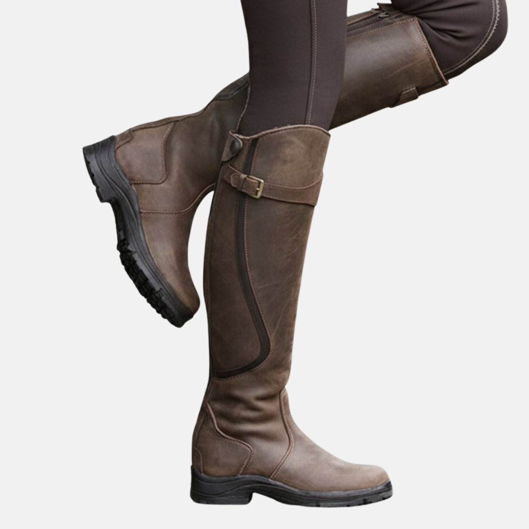Olivia Knee-High Hiking Boots | Buckled Strap Panel Detail Hiking Boots