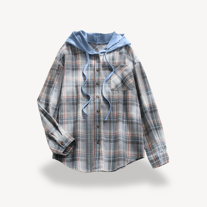 Women's Plaid Button-Down Shirt Jacket with Hood