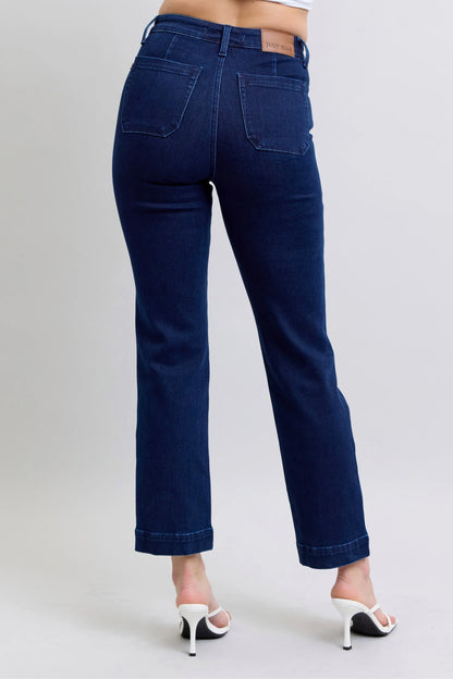 Classic Straight Leg Jeans with Embroidered Knees