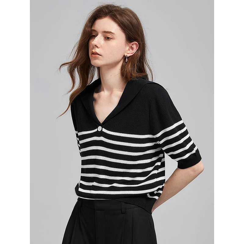 Classic Striped Crew Neck Sweater Top - BritishElegance