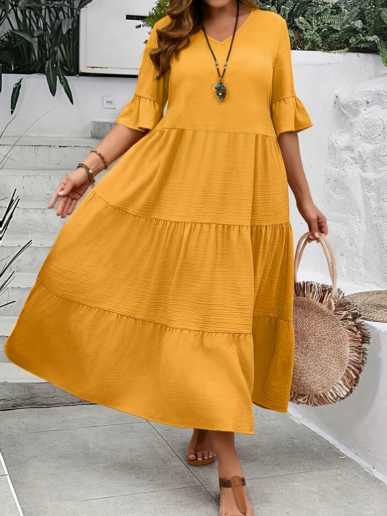 Stylish Plus Size V Neck Dress for Women