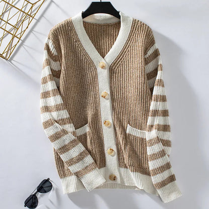 Warm Women's V-Neck Knit Cardigan Sweater with Pockets