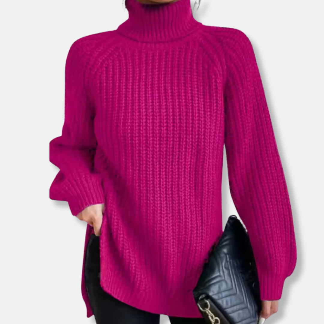 Women’s Pullover Sweater – Oversized Fit – Chunky Wool Knit – Turtleneck – Split Hem