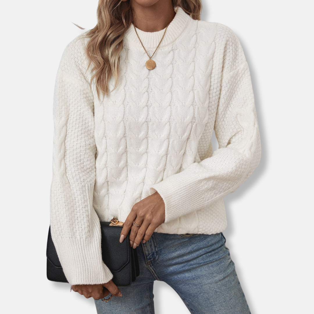 Olivia Relaxed Fit Sweater | Cable Knit Ribbed Trim Sweater