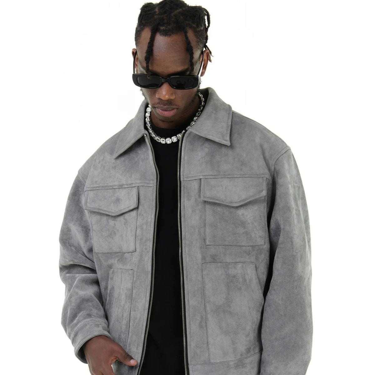 Men’s Faux Suede Zip Shirt Jacket with Patch Pockets