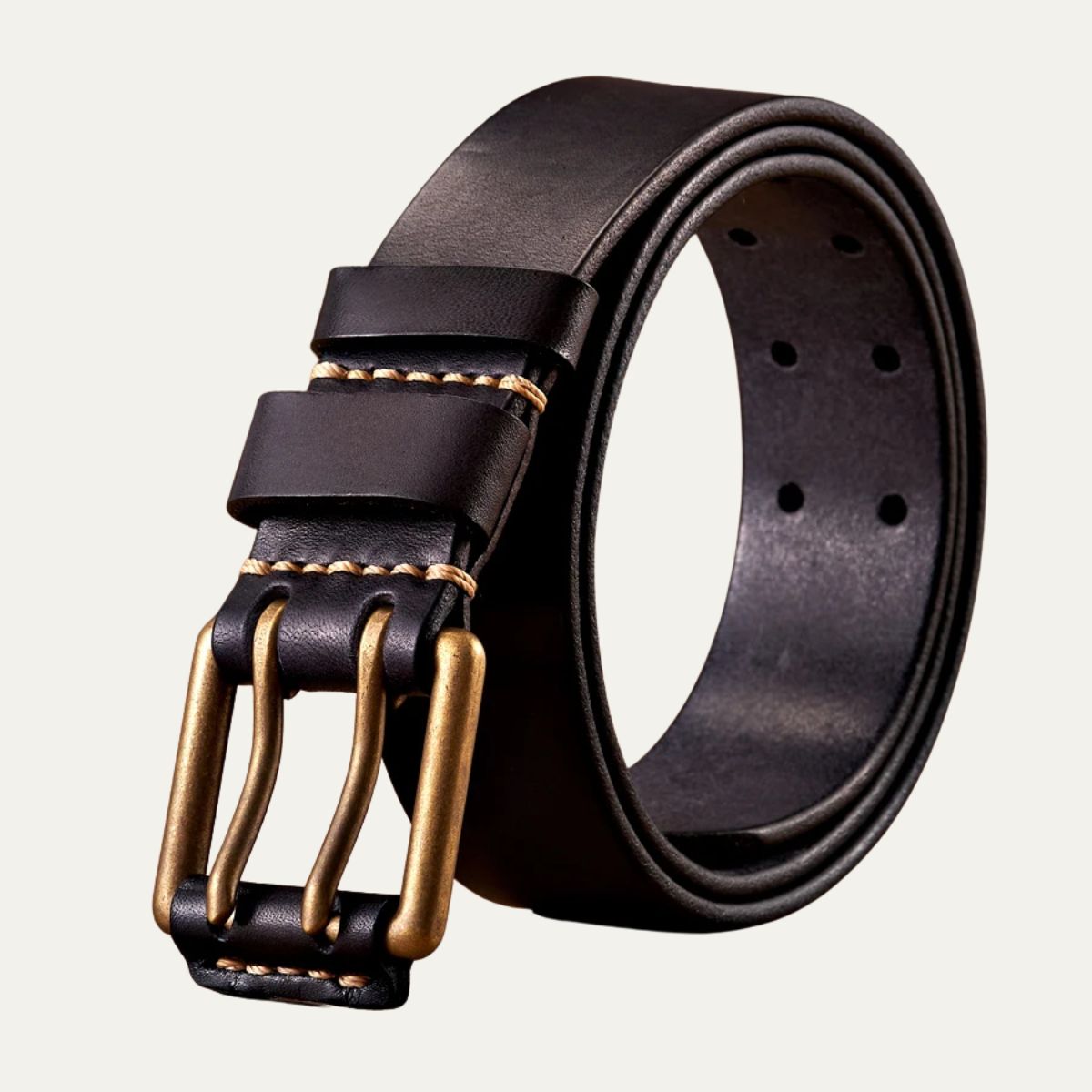Men’s Double Prong Leather Belt with Heavy Stitching