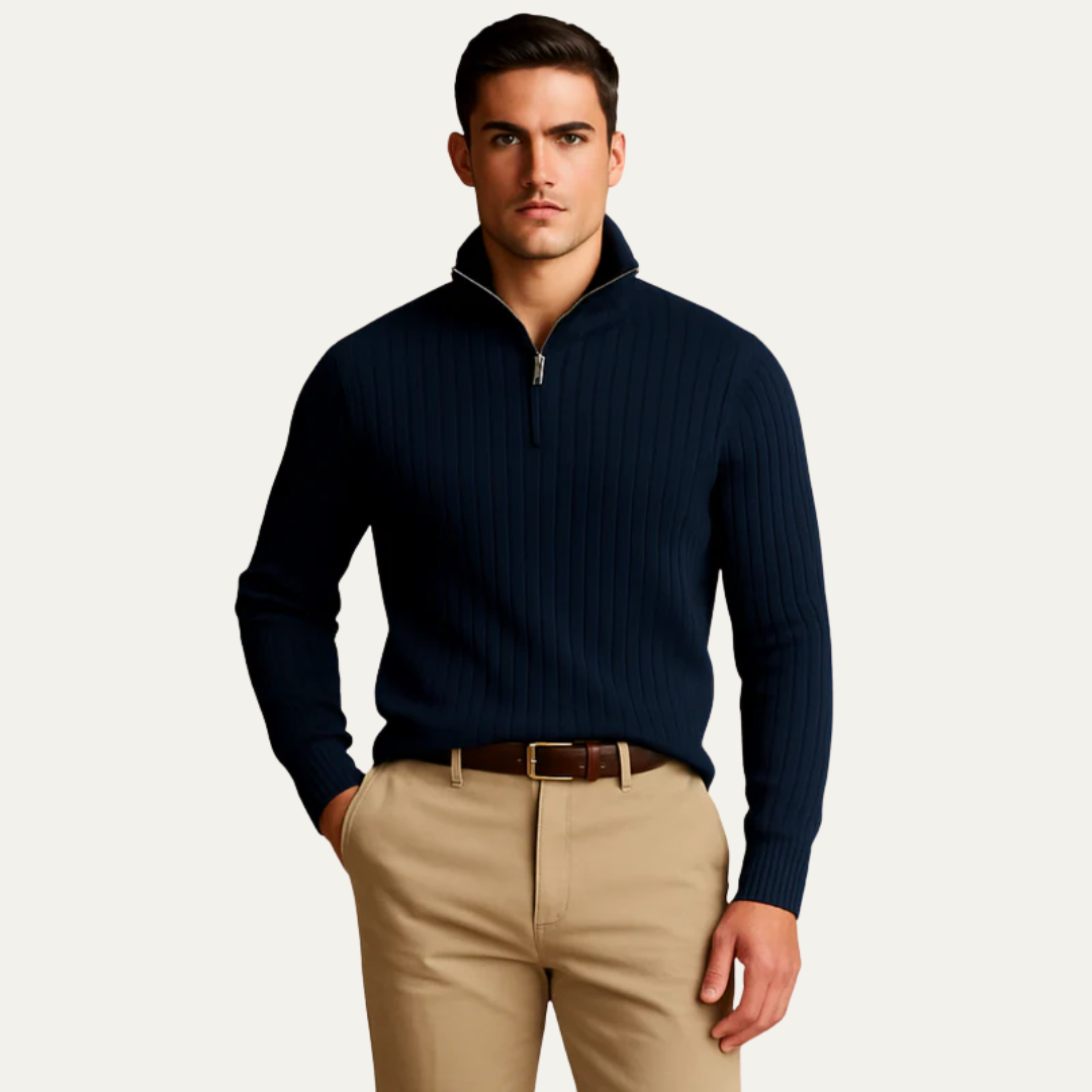 Men’s Mock Neck Quarter Zip Ribbed Sweater