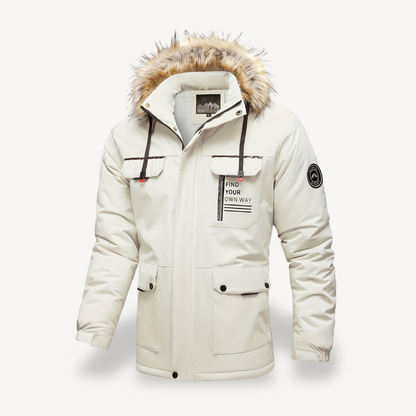 Men's Insulated Puffer Jacket with Detachable Faux Fur Hood