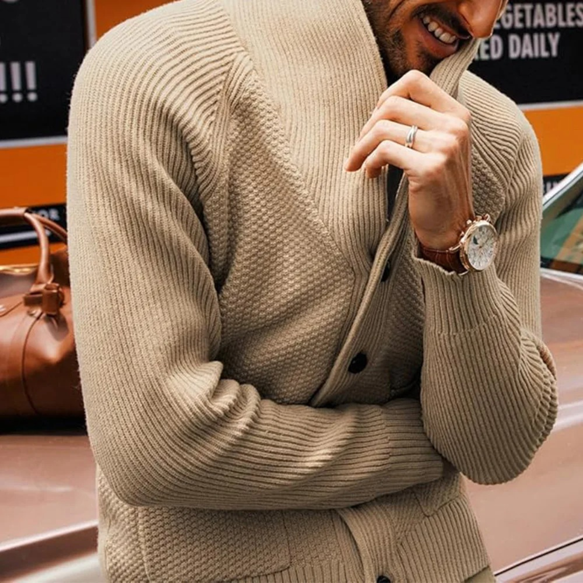 Men’s Shawl Collar Textured Knit Cardigan with Patch Pockets