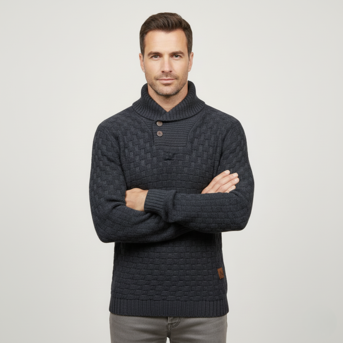 Men’s Textured Basketweave Shawl Collar Knit Sweater
