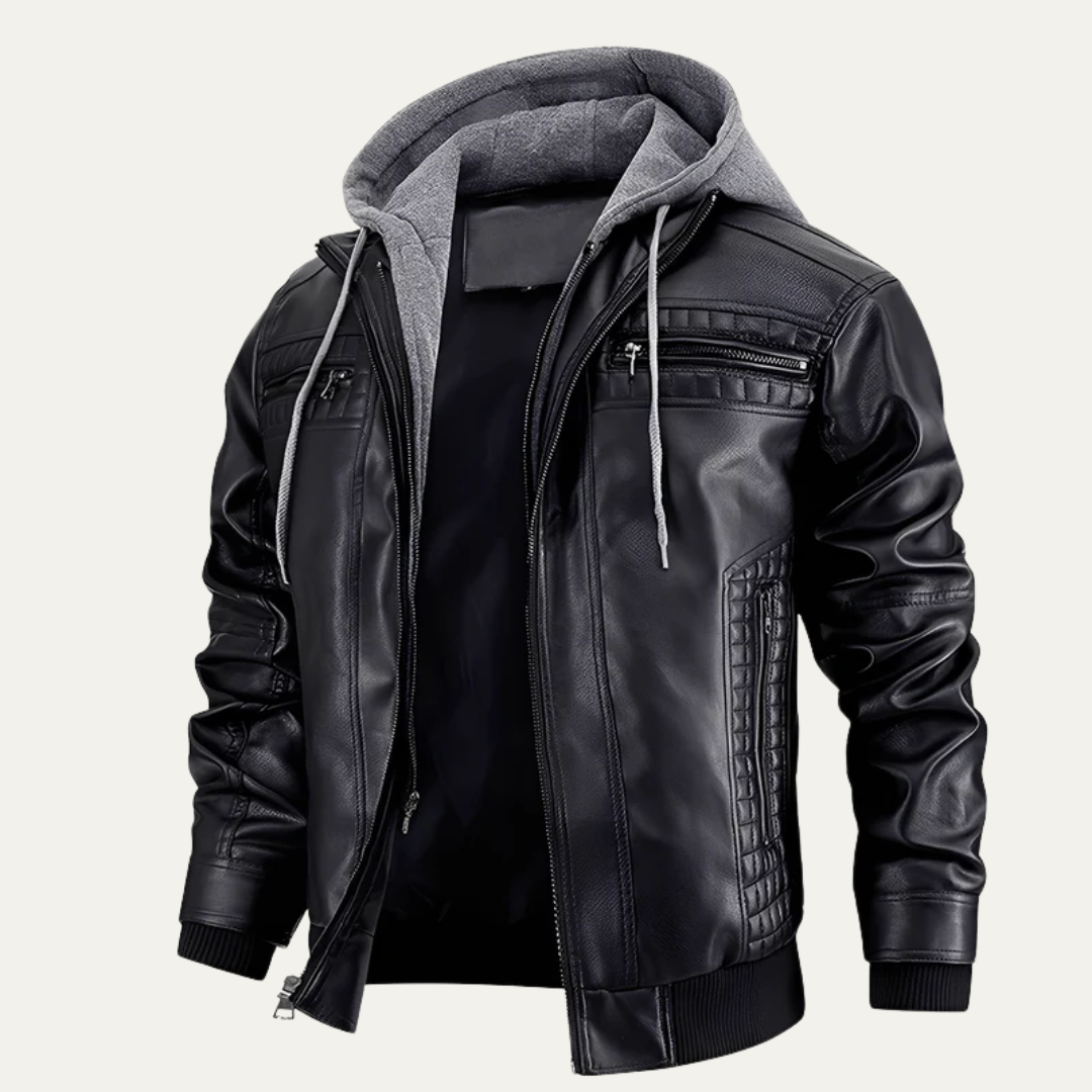 Men’s Layered Faux Leather Moto Jacket with Hood