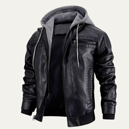 Men’s Layered Faux Leather Moto Jacket with Hood