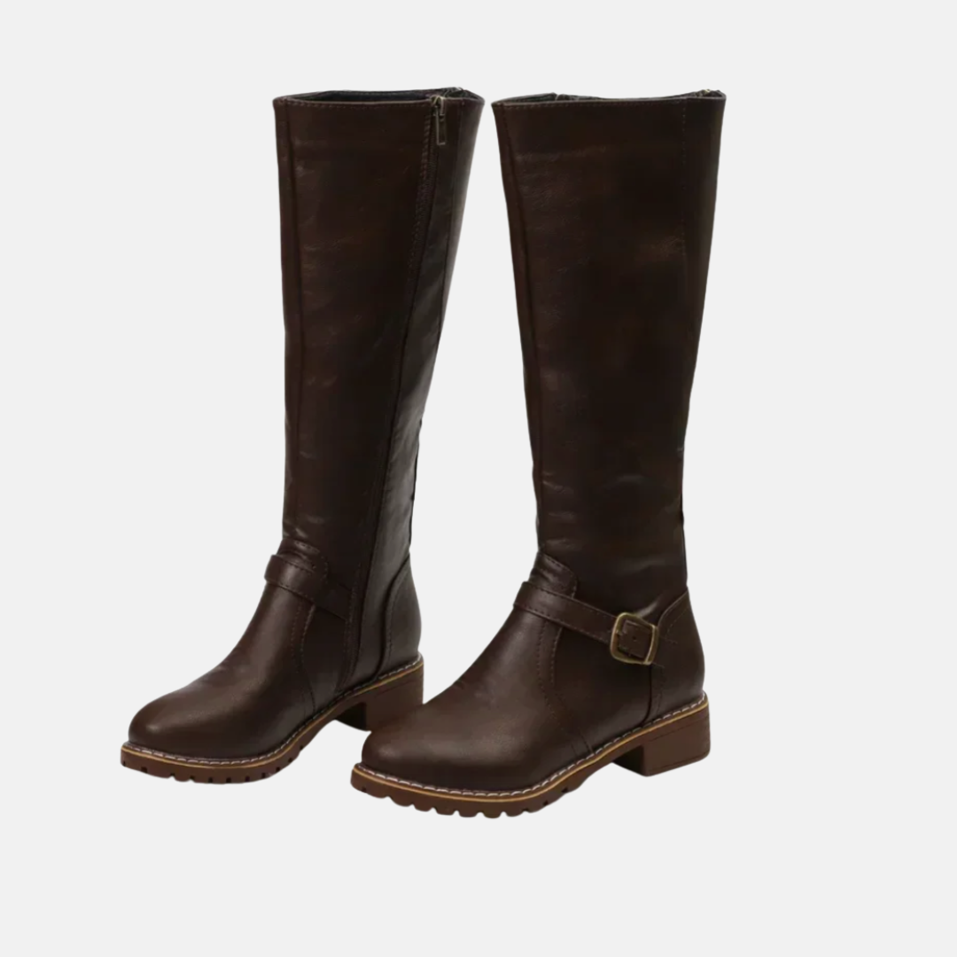 Sienna  Knee High Boots | Buckle Strap Low Block Heel Boots