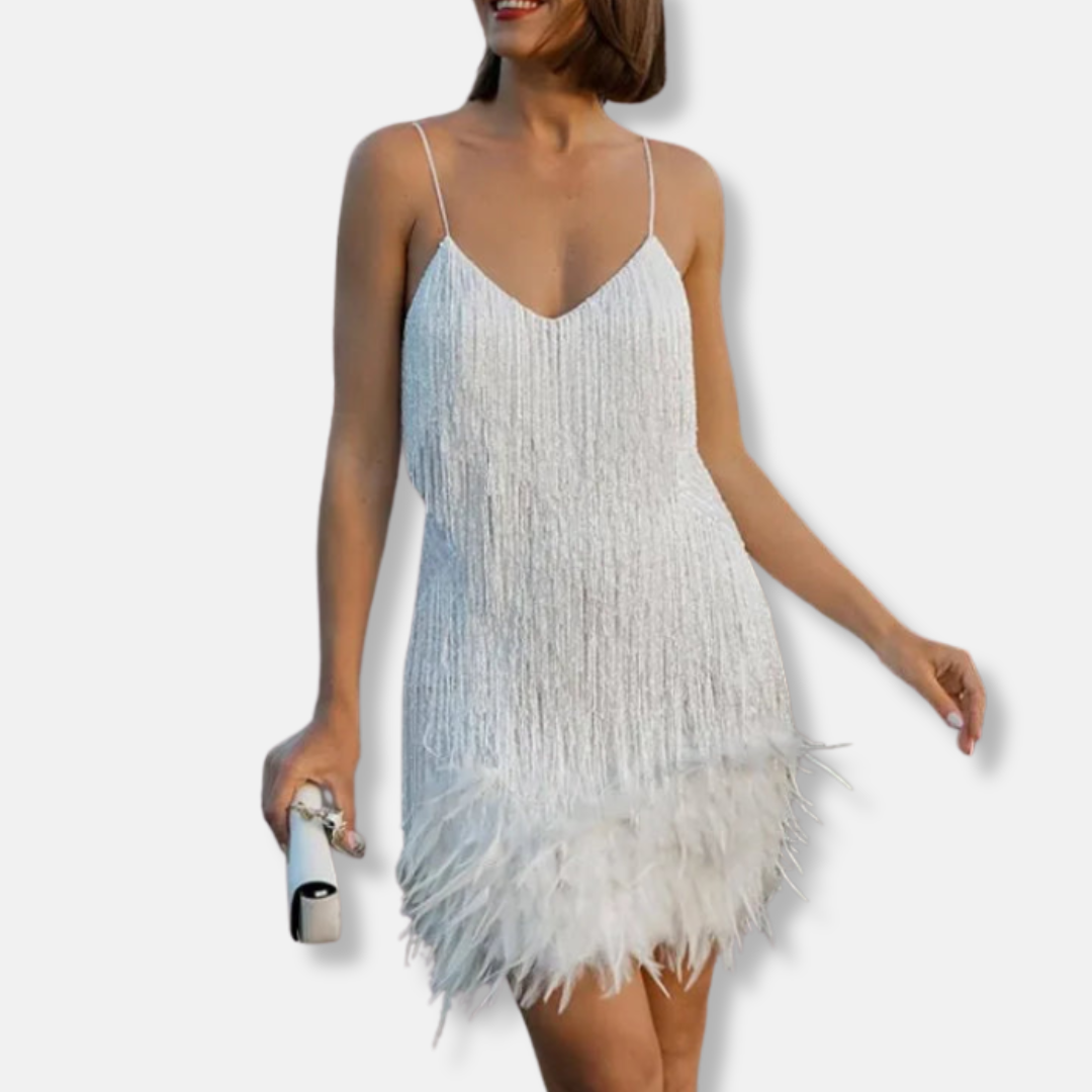 Isla Sequined Straight Fit Mini Dress | Feather Trim Fringe Mini Dress