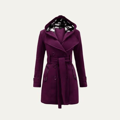 Women’s Belted Double-Breasted Wool Coat with Hood
