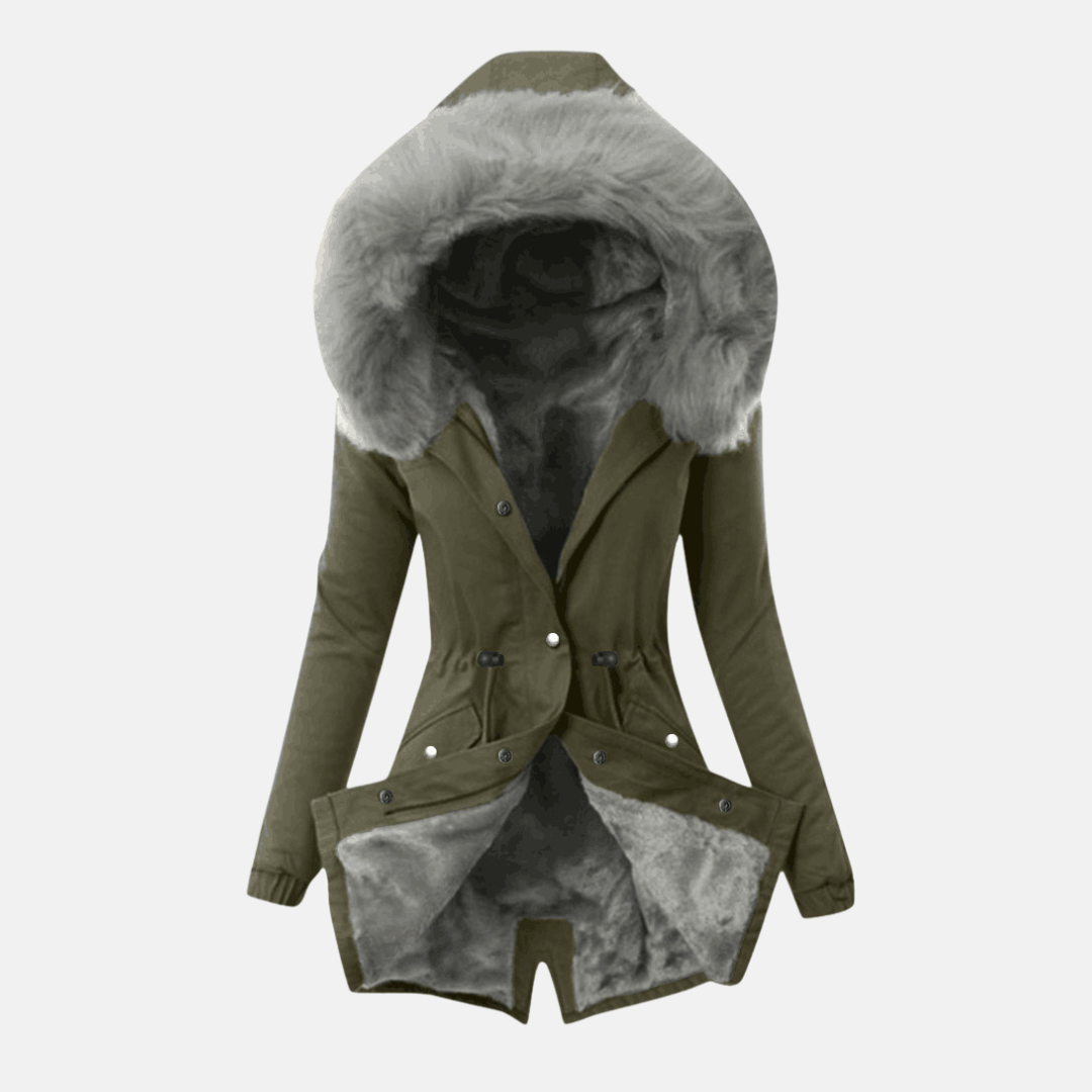 Women’s Jacket – Slim Fit – Plush-Lined Hood – Adjustable Waist – Mid Length – Flap Pockets