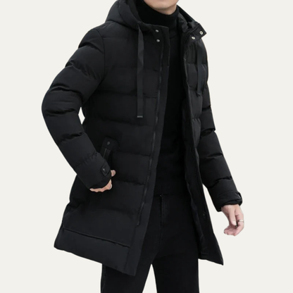 Men’s Long Line Hooded Puffer Coat with Full Zip Closure