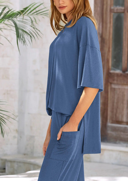 Casual Slit Short Sleeved Top, Loose Wide Leg Pants Two-Piece Set