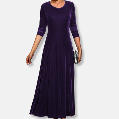 Olivia A-Line Maxi Dress | Solid Crewneck Long Sleeve Dress