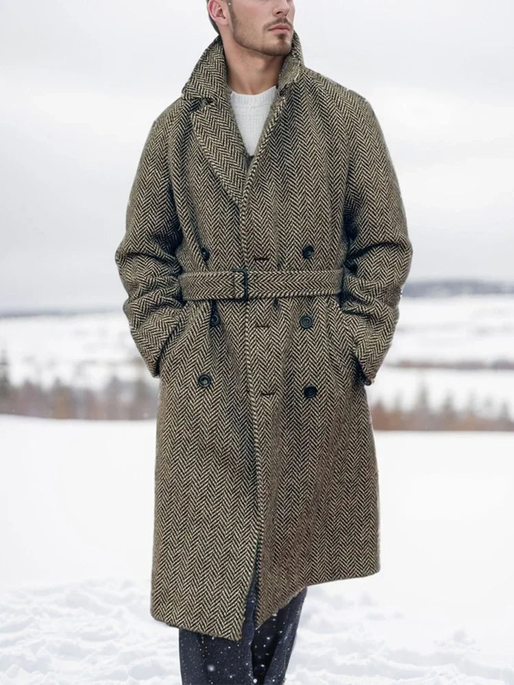 Classic Herringbone Long Coat - BritishElegance