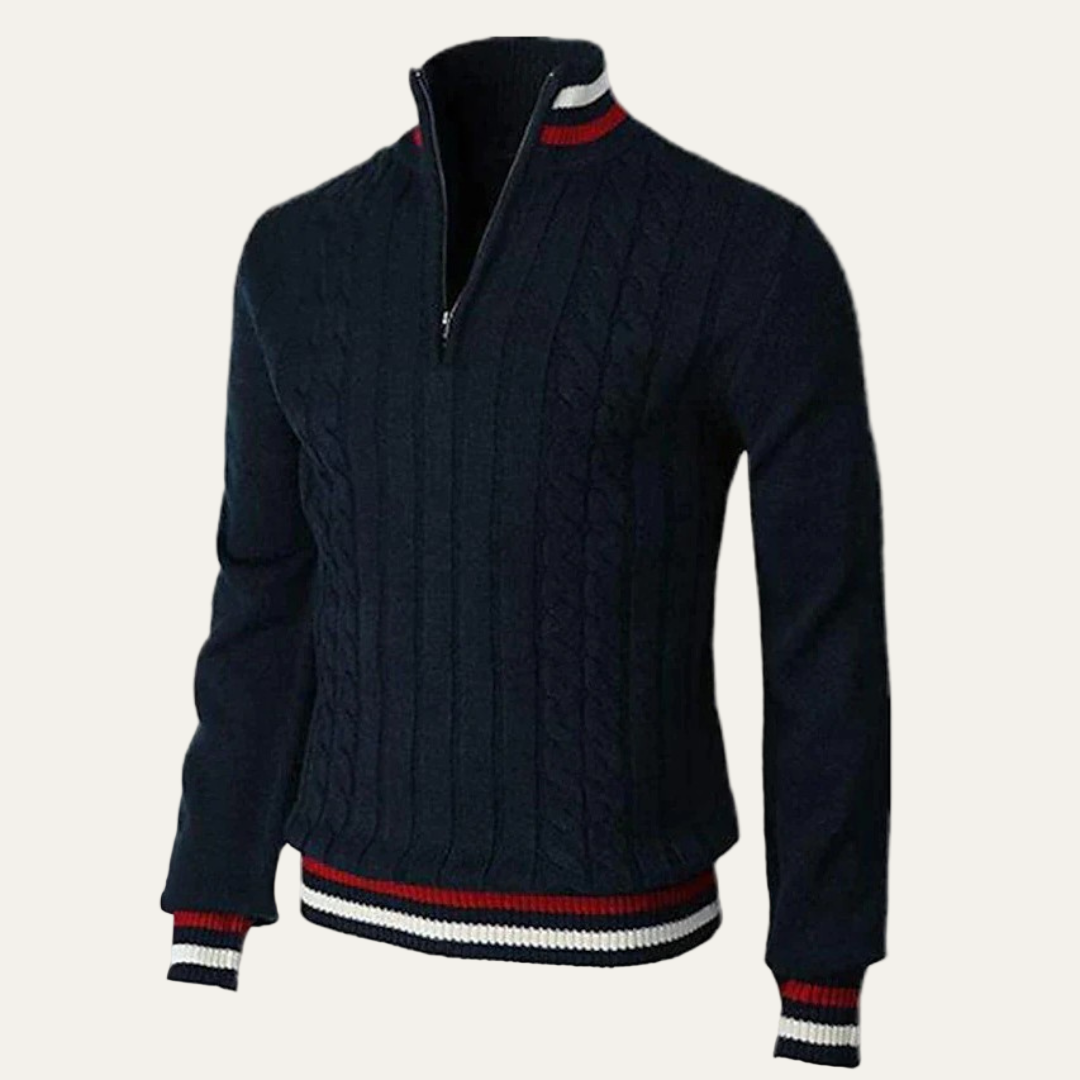 Men’s Striped Mock Neck Cable Zip Sweater