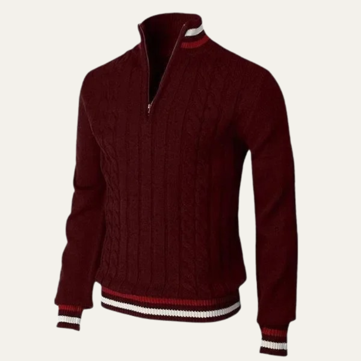 Men’s Cable Knit Quarter Zip Sweater with Contrast Tipping