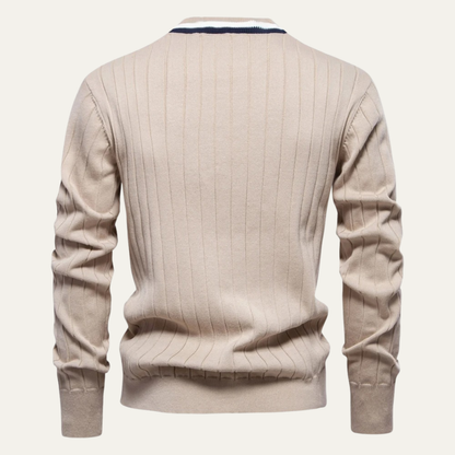 Men’s V Neck Rib Knit Cardigan with Striped Trim
