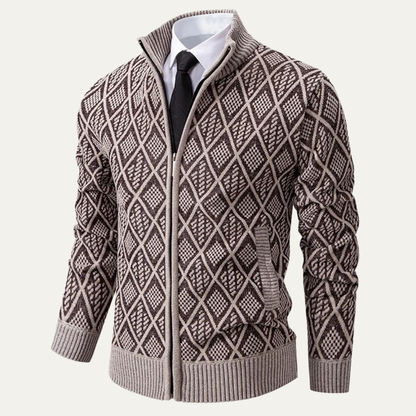 The San Gimignano Men’s Knit Diamond Pattern Zip Jacket with Stand Collar