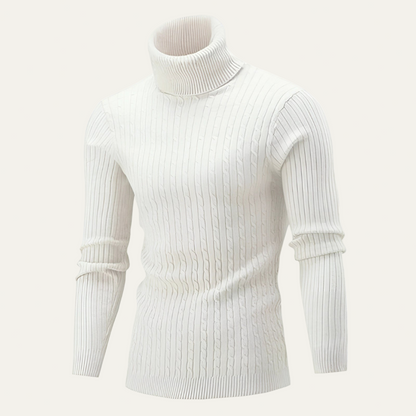 Men’s Slim Fit Turtleneck with Rib and Cable Knit Texture