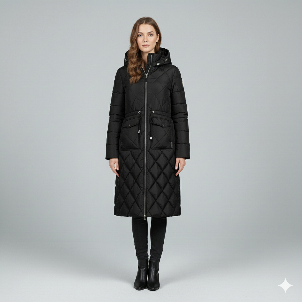 Violi | Padded Jacket - Quilted Hooded Knee-Length Winter Coat for Women