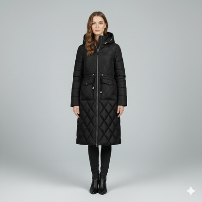 Violi | Padded Jacket - Quilted Hooded Knee-Length Winter Coat for Women