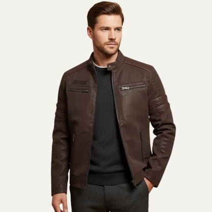 Men’s Faux Leather Racer Jacket with Quilted Trim