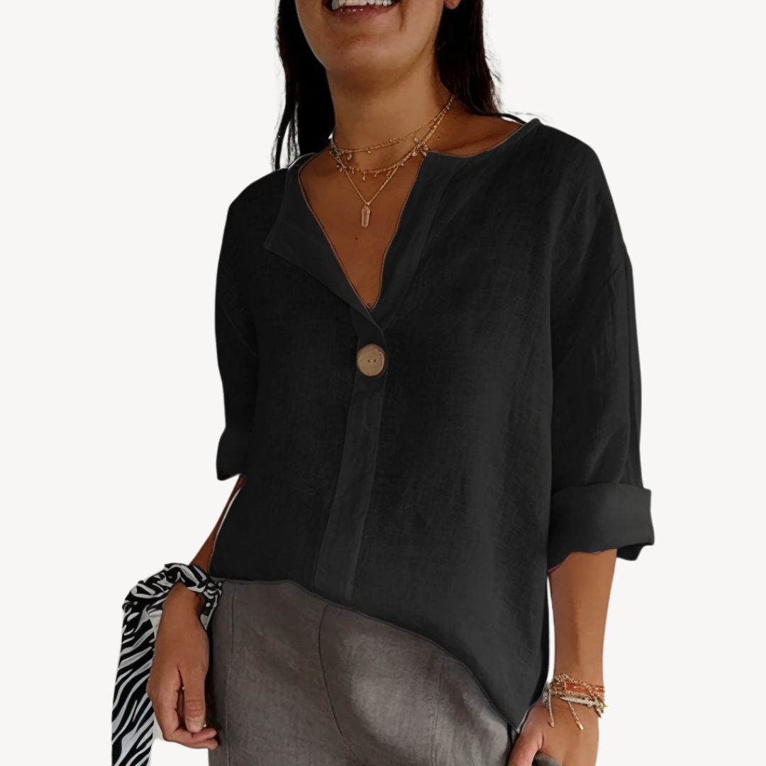 Women's Linen Long Sleeve V-Neck Blouse