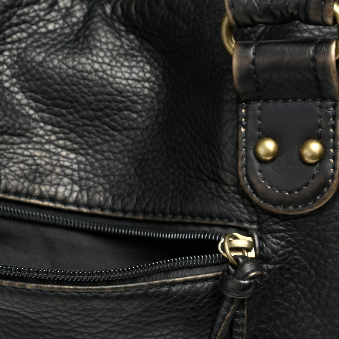 Women's Black Leather Handbag - Soft Tote with Zipper Pocket, Adult Casual Shoulder Bag