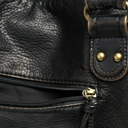 Women's Black Leather Handbag - Soft Tote with Zipper Pocket, Adult Casual Shoulder Bag