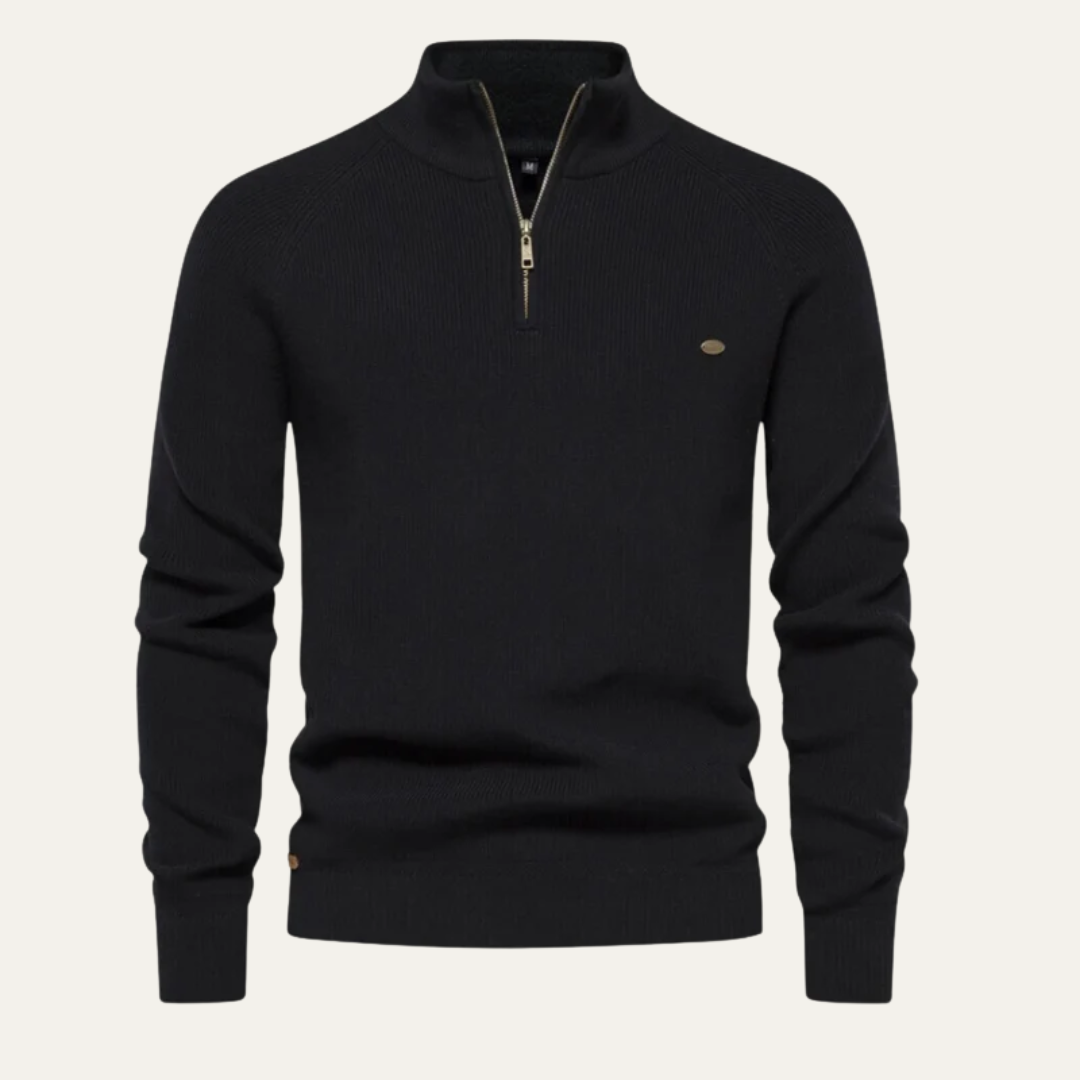 Men’s Ribbed Stand Collar Sweater with Quarter-Zip Closure