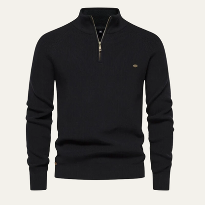 Men’s Ribbed Stand Collar Sweater with Quarter-Zip Closure