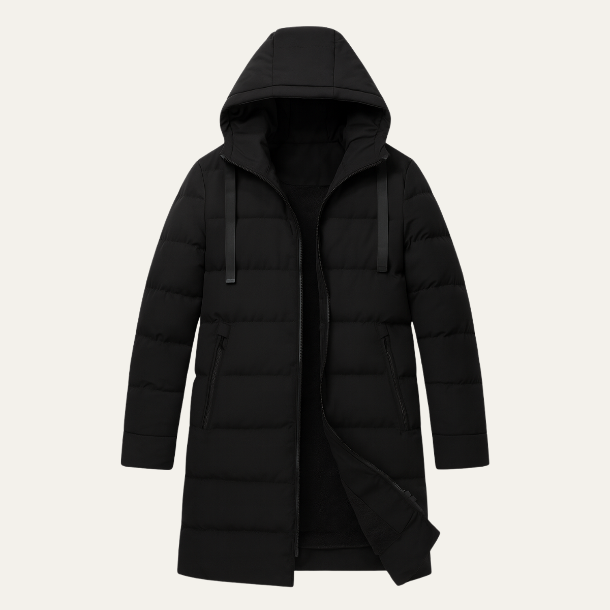 Men’s Long Line Hooded Puffer Coat with Full Zip Closure