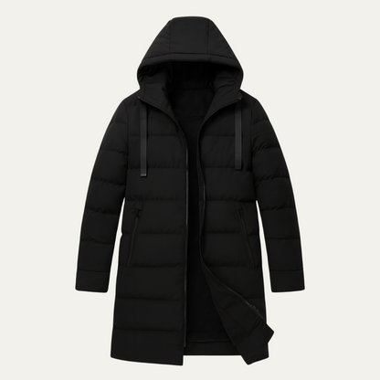 Men’s Long Line Hooded Puffer Coat with Full Zip Closure