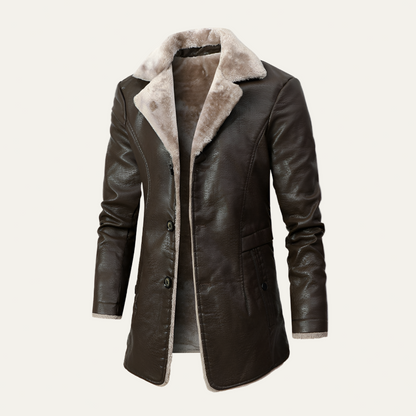 Men’s Faux Leather Long Coat with Warm Fur Collar