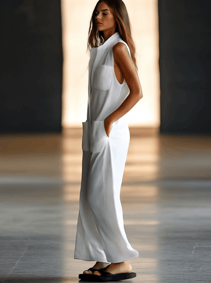 Casual Retro White Linen Sleeveless Jumpsuit