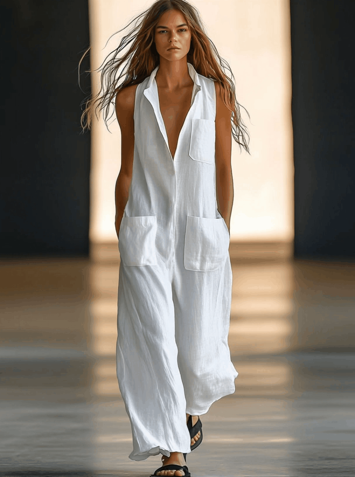 Casual Retro White Linen Sleeveless Jumpsuit