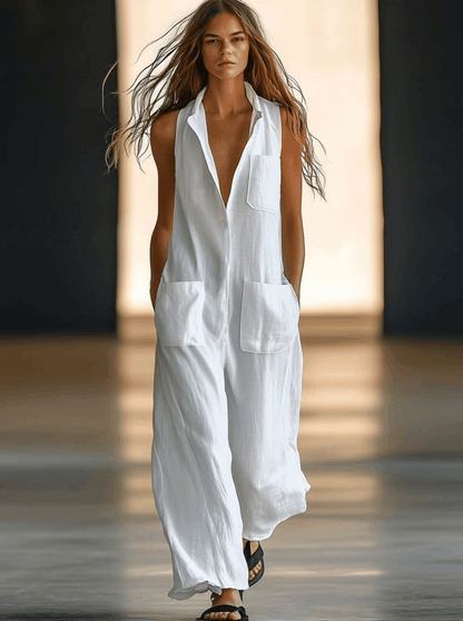 Casual Retro White Linen Sleeveless Jumpsuit