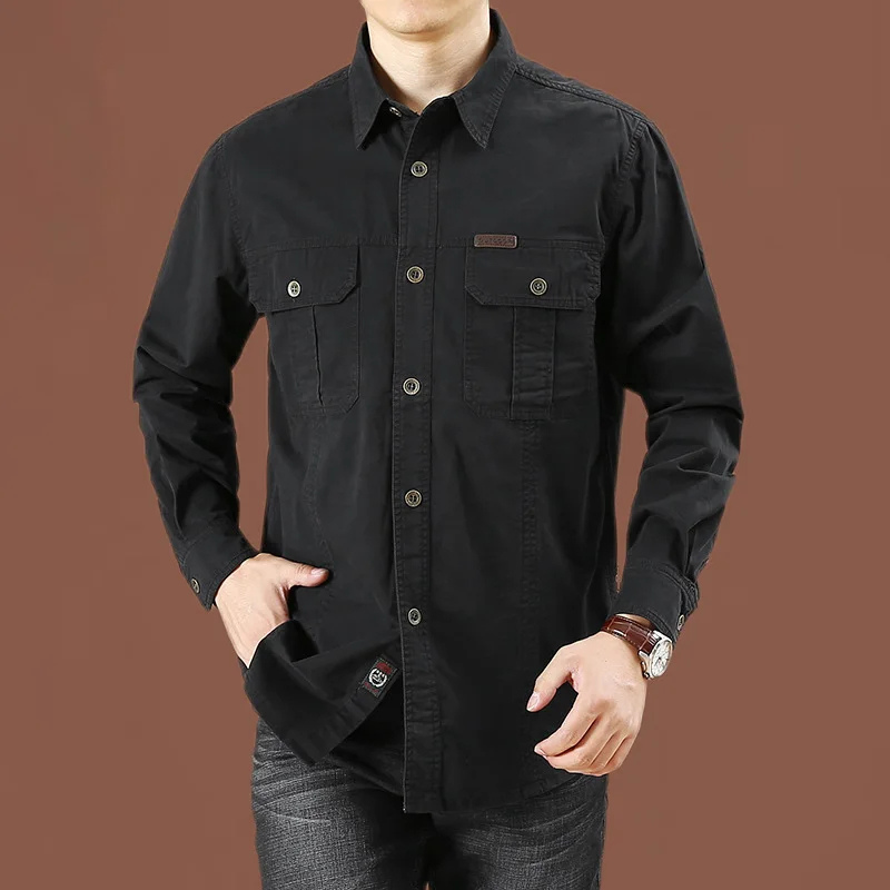 Relaxed Fit Long Sleeve Work Shirt with Pockets - BritishElegance