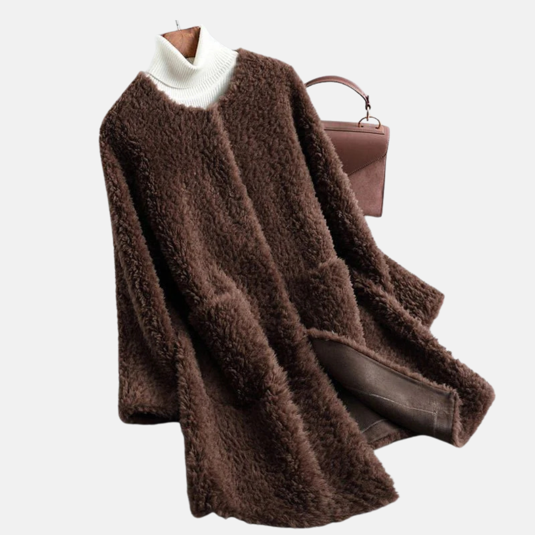 Women’s Mid-Length Coat – Relaxed Fit – Shaggy Faux Fur – Open Front – Patch Pockets