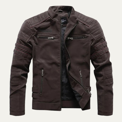 Men’s Faux Leather Racer Jacket with Quilted Trim